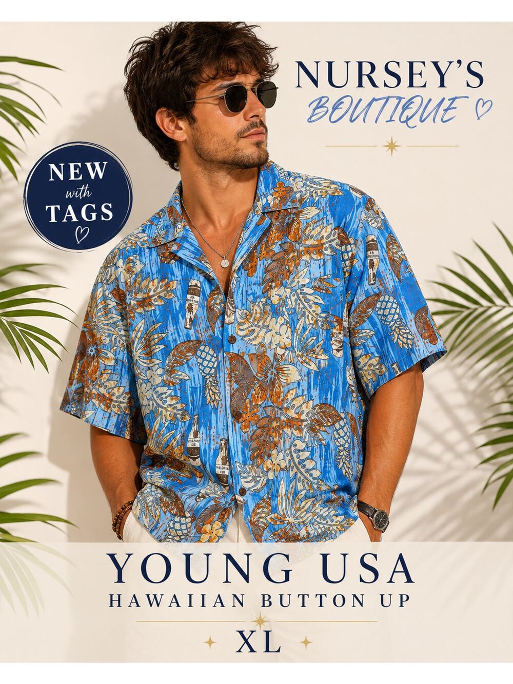 Young USA XL Hawaiian Shirt Volcano Ale Beer Pineapple Tropical Rayon NWT